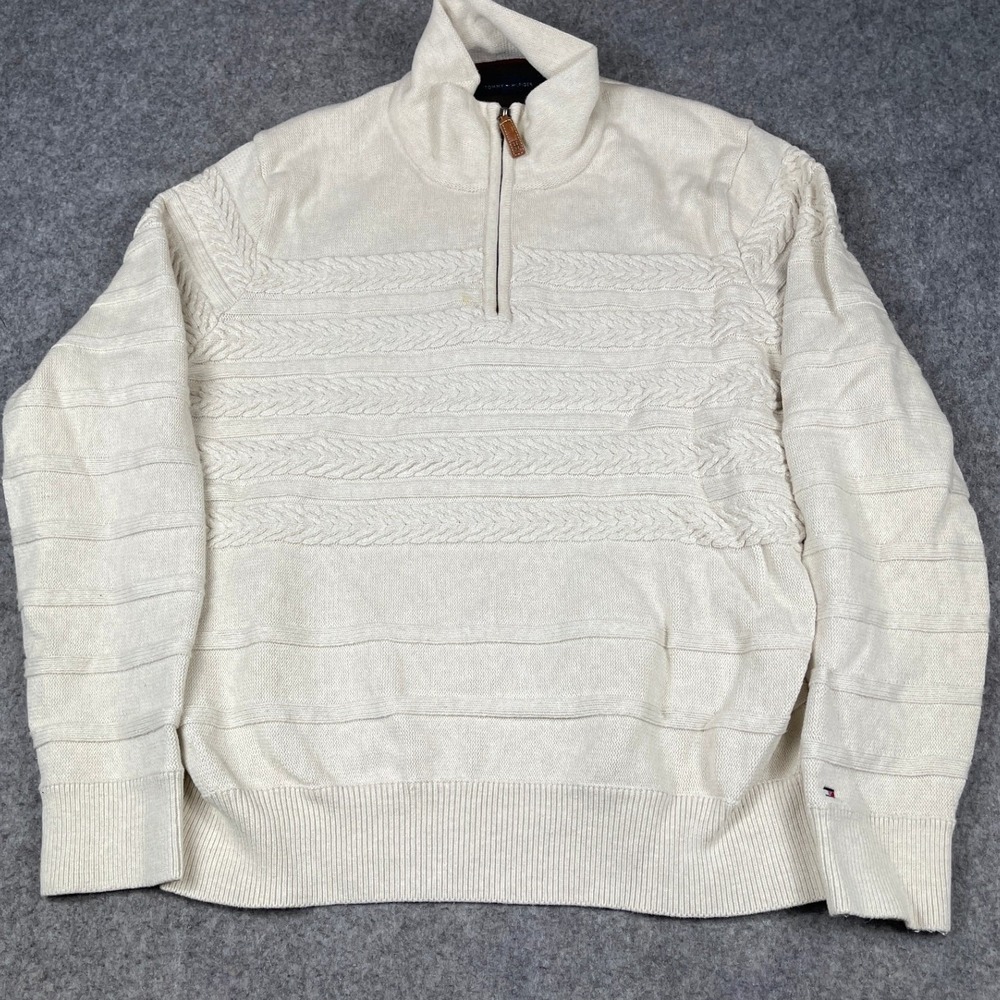 Tommy Hilfiger Men XL Cream Cotton Cable Knit Quarter Zip Sweater Off White Spot